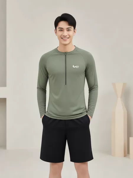 Green Long-Sleeved Split Swimsuit Men's Suit 2026 New Slimming Conservative Sports Casual Beach Pants