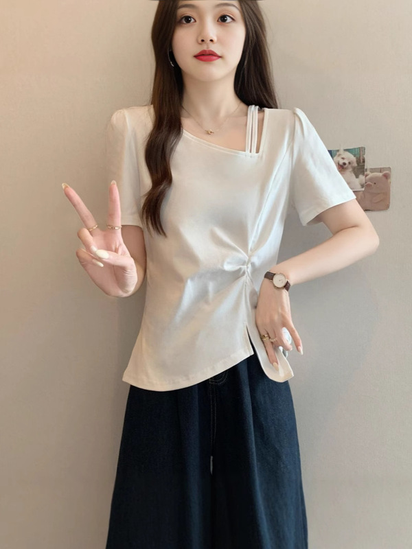 胖mm大码新款开叉不规则褶皱短袖t恤夏季纯棉显瘦体恤女上衣200斤|undefined