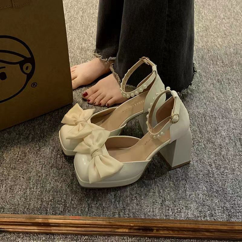 So Beautiful~~Mary Jane Thick Heel Shoes 2025 New Style Bow One-Strap High Heels Design Niche Shoes