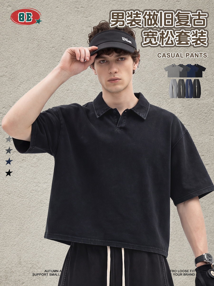 Be Hombres| Polo retro americano con solapa de mangas cortas macheta pantalones rectos de dos piezas set de ocio deportivo
