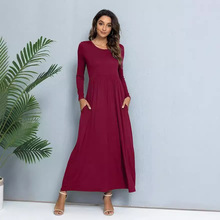 2024亚马逊速卖通热销款式女装休闲口袋连衣裙纯色长裙