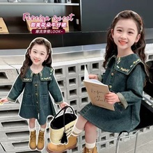 2025春秋季女童海军领刺绣洋气牛仔裙儿童时尚高级复古长袖连衣裙