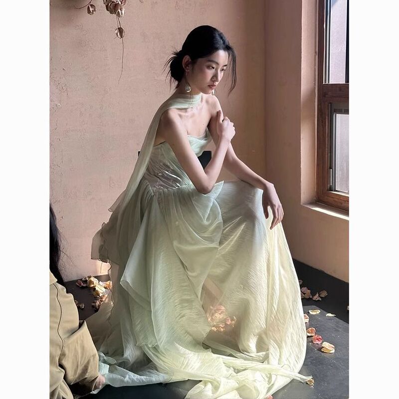Celebrity-Inspired Niche High-End Aesthetic Ribbon Wrap Dress, Morning Robe, New Chinese Style Dopamine Halter Neck Ribbon Dress