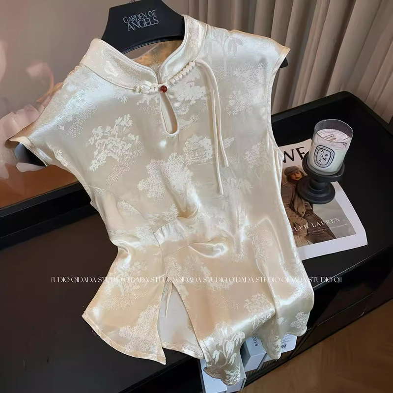 Sleeveless New Chinese Style Light Guofeng Top Women's Summer Short Slim-fit High-end Buckle Thin Satin Floral Shirt