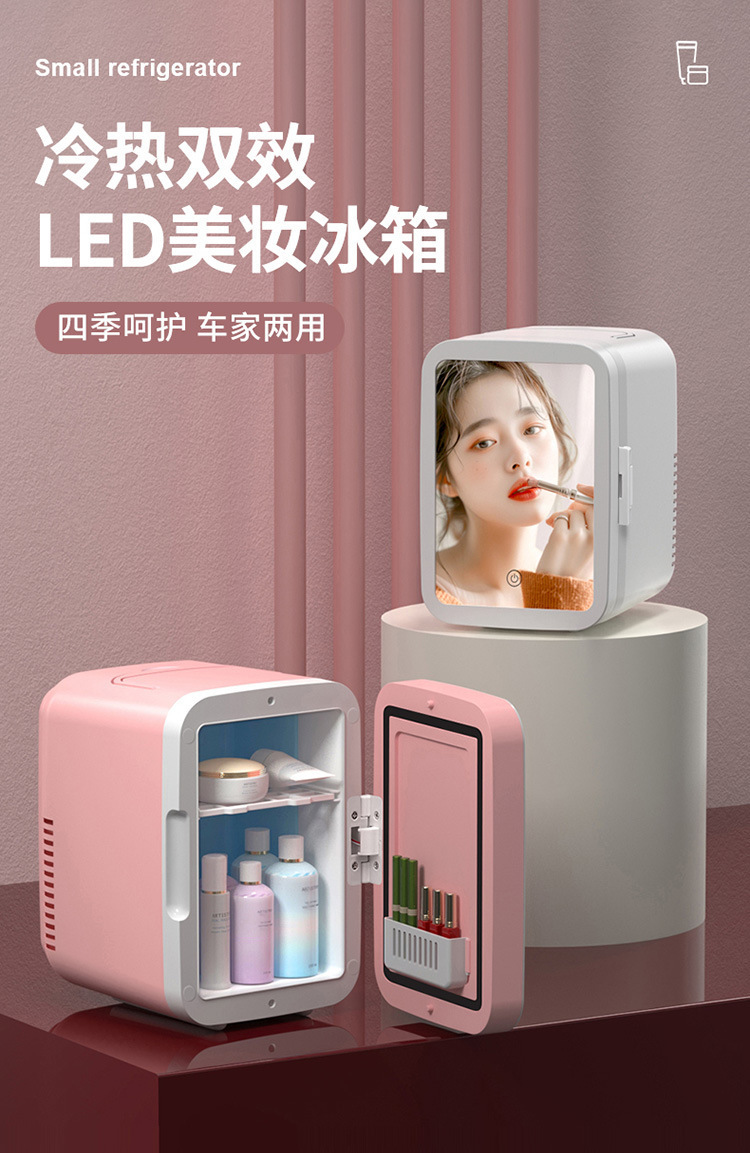 Car Beauty Refrigerator, Mini Cosmetics Refrigerator, Beverage Heating Box with Makeup Mirror, Home and Car Dual-Use Insulated Box