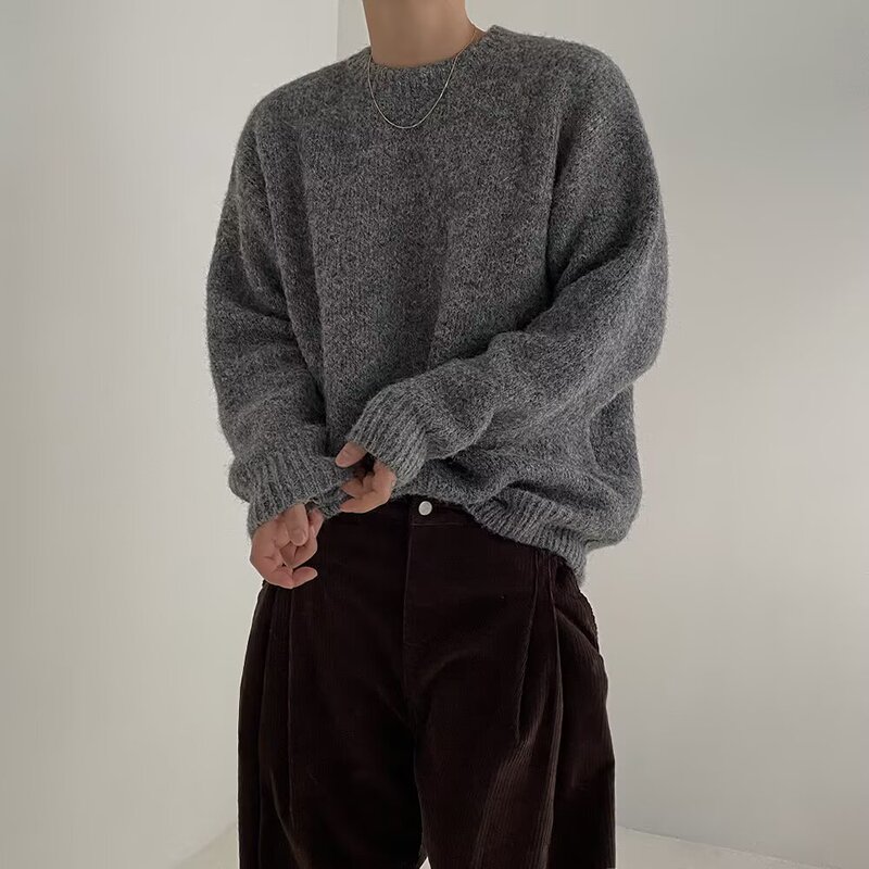 Mohair Knitwear Men's Autum Korean Trendyy Casual Lazy Style Pullover Knitwear Loose Round Neck Top