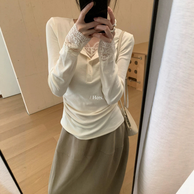 Hers Sweet Autumn Korean Style Lace Patchwork Ruched Waist Fitted Two-Piece Look V-Neck Long Sleeve Blouse Women's Clothing 66944 Hers Sweet Autumn Korean Style Lace Patchwork Ruched Waist Fitted Two-Piece Look V-Neck Long Sleeve Blouse Women's Clothing 66944