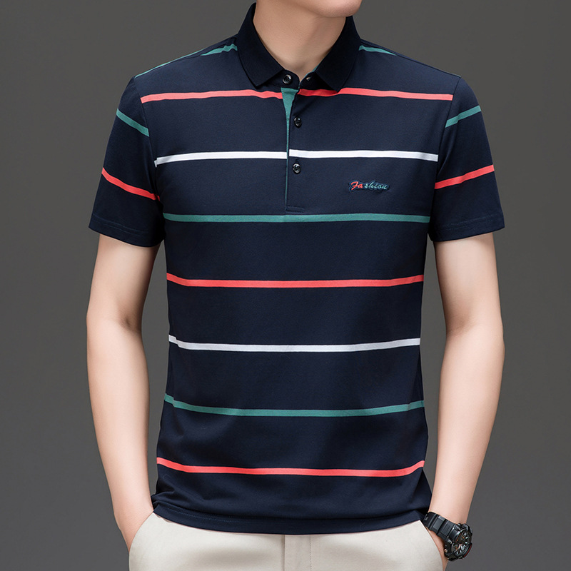 Exclusivo transfronterizo para verano nuevo estilo de algodón bordado de manga corta camiseta de hombre a rayas casual solapa de gran tamaño camisa POLO para hombre