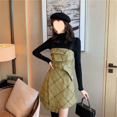 背带裙套装女秋冬新款女装洋气减龄小个子显瘦中长款格子连衣裙女