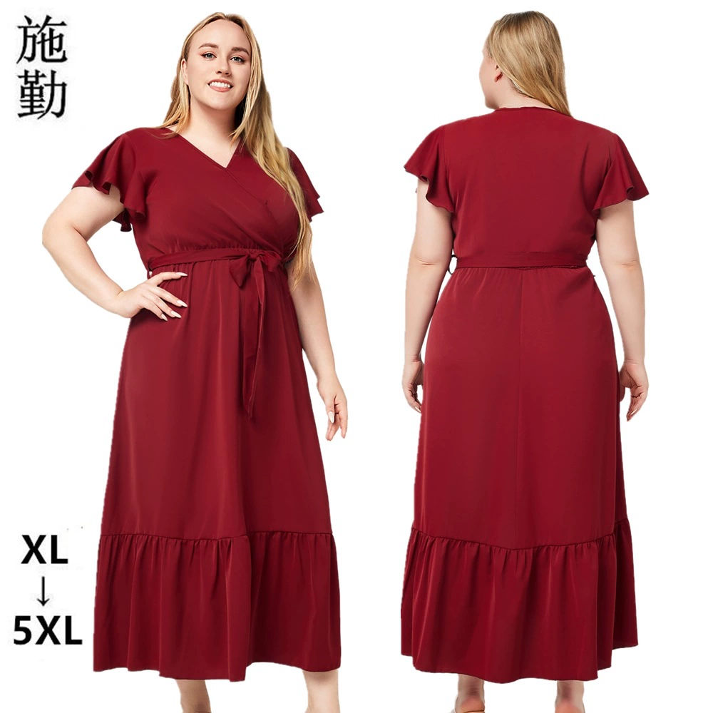 Европейское и американское трансграничное женское летнее платье больших размеров с v-образным вырезом и короткими рукавами, однотонное элегантное платье с большим подолом