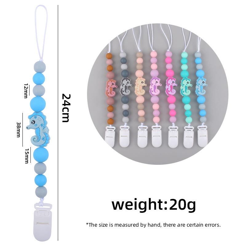 Nuevo bebé suministros chupete cadena creativa de dibujos animados caballito de mar silicona bebé mordedura molar anti-gota cadena