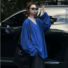 2025年クラインブルー純綿韓国風Vネック長袖Tシャツレディース日焼け止めシャツ初秋ゆったり怠惰なスタイルトップス