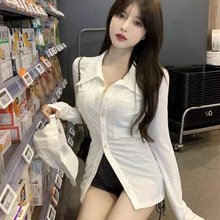 跨境工厂泰国防晒衣收腰衬衫女修身白色长袖中长上衣外套抖音淘宝