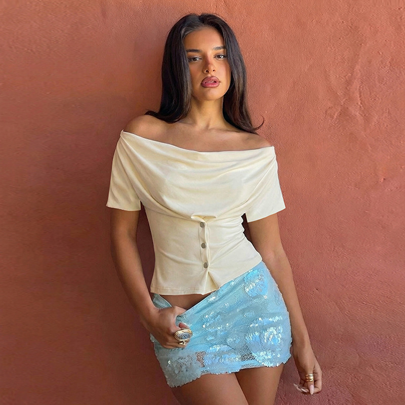 Women's Clothing American Style Slim Fit Short Sleeve T-Shirt Niche Oval Neck Fashion Hot Girl Top New_ecoleips.com