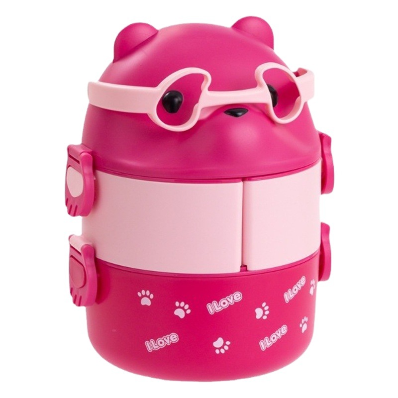 Gafas Oso de doble capa caja de almuerzo portátil separada en capas trabajador de oficina caja de almuerzo estudiante japonés caja de almuerzo de gran capacidad con cuchara