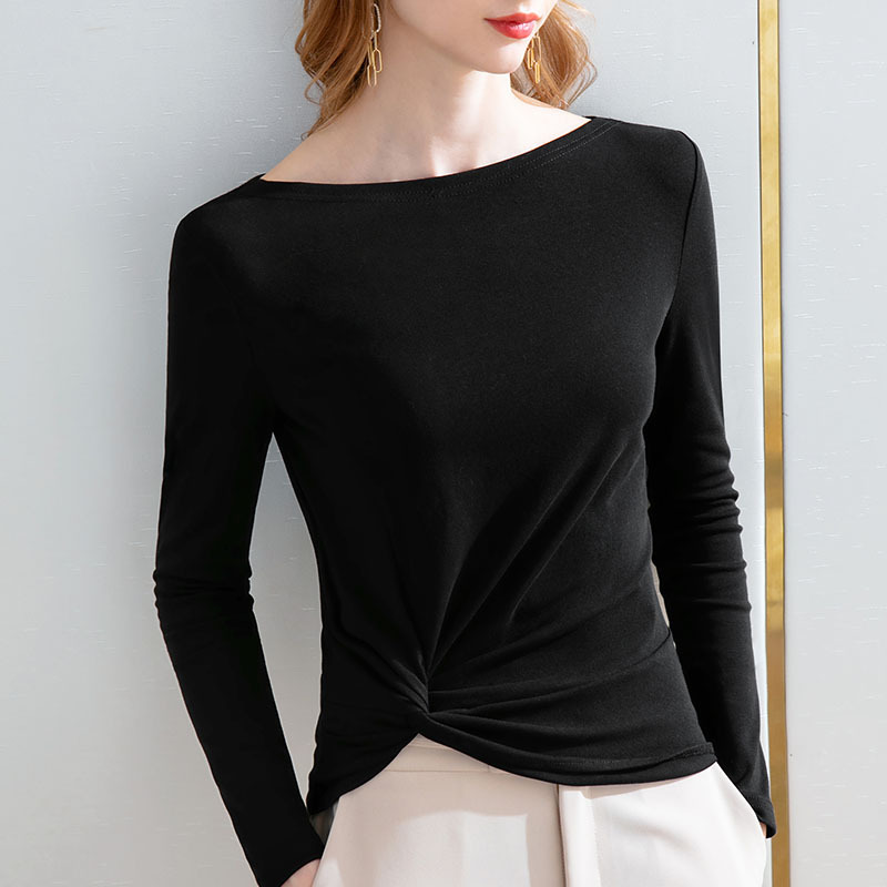 Camiseta de manga larga para mujer, primavera y otoño 2025, nueva ropa femenina, dobladillo irregular, plisada, única, de un solo hombro, color sólido