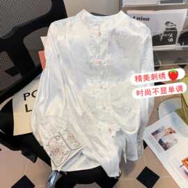 实拍 春季长袖盘扣中国风衬衣白色刺绣立领新中式衬衫打底上衣