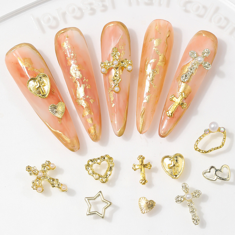 Cross-border new gold cross nail jewelry zinc alloy three-dimensional hollow love nail pendant artificial pearl ornaments