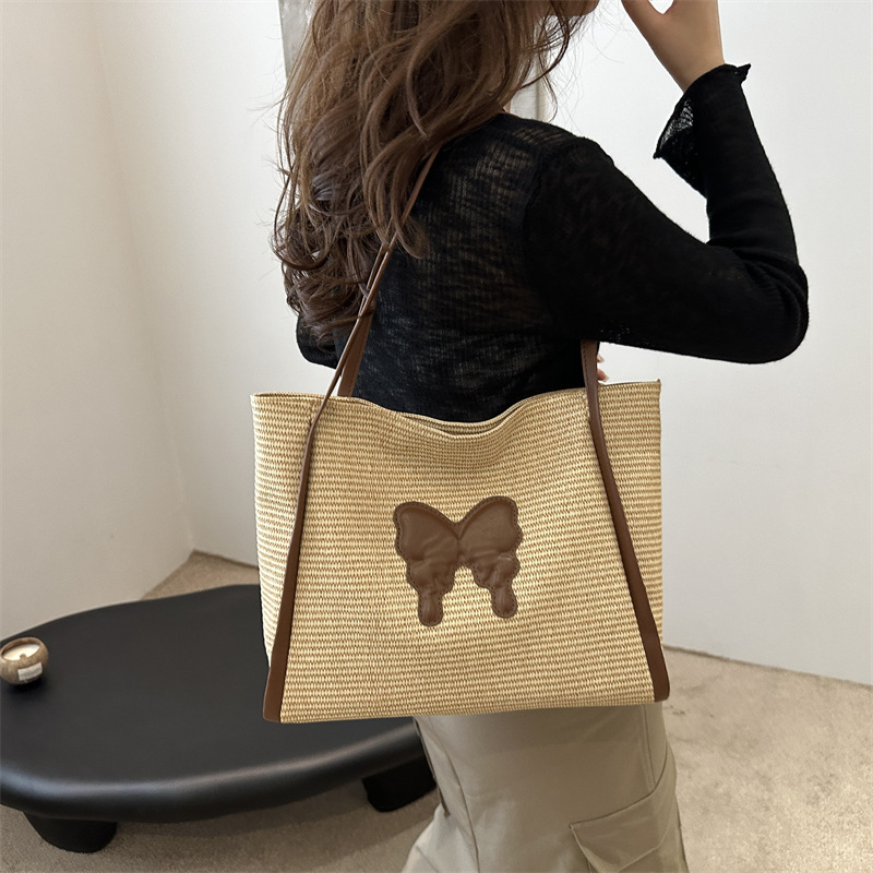 Bolsa de paja de gran capacidad para mujeres 2024 nueva mariposa de verano bolsa de viaje bolsa de tela bolsa de color contraste bolsa de playa