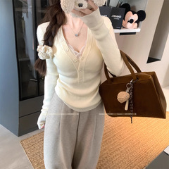 優しい風のスーツの純粋な欲望のレースのキャミソールの上着の女性の秋のカジュアルな気質の長袖のニットの2つのセット