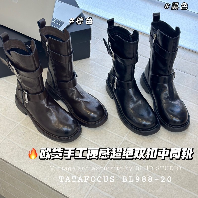 短靴马丁靴女机车皱皱复古简平底新款2025双扣做旧靴骑士中|undefined
