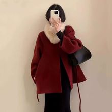 大码胖mm圣诞新年战袍安可拉红呢大衣名媛千金大毛领外套冬200斤