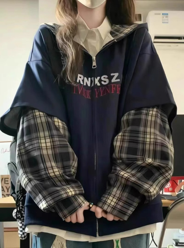 韓国のファッションの格子縞は偽の2つのフード付きの女性の大きいサイズの太ったMMのデザイン感のゆったりしたカーディガンのコートBFをつなぎ合わせます。|undefined