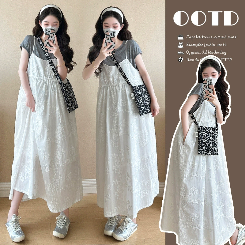 Летнее платье для беременных 2025, новое, с вышивкой, на бретелях, большой размер, короткий рукав, французский костюм для беременных