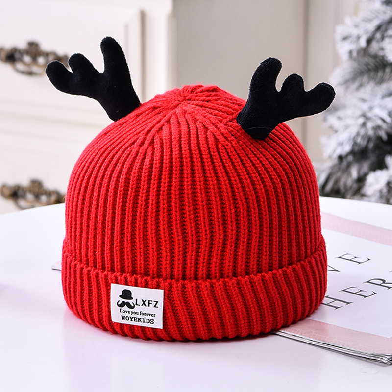 婴儿帽子冬款男宝宝女婴幼儿鹿角帽针织帽新生儿毛线帽可爱新年帽