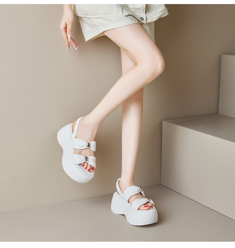 Sandal nữ đế xuồng dày 8cm quai ngang hở mũi phong cách La Mã — đen, trắng chi tiết 11