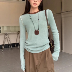 宋复古长袖t恤女针织衫秋季修身显瘦慵懒高级内搭打底衫上衣