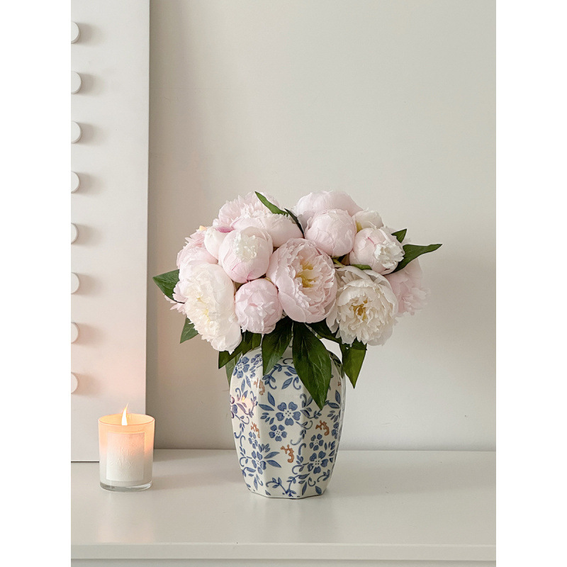 Nuevo jarrón de cerámica azul china nueva decoración de estilo chino sala de estar floral decoración de vestíbulo de estilo antiguo peonía floral