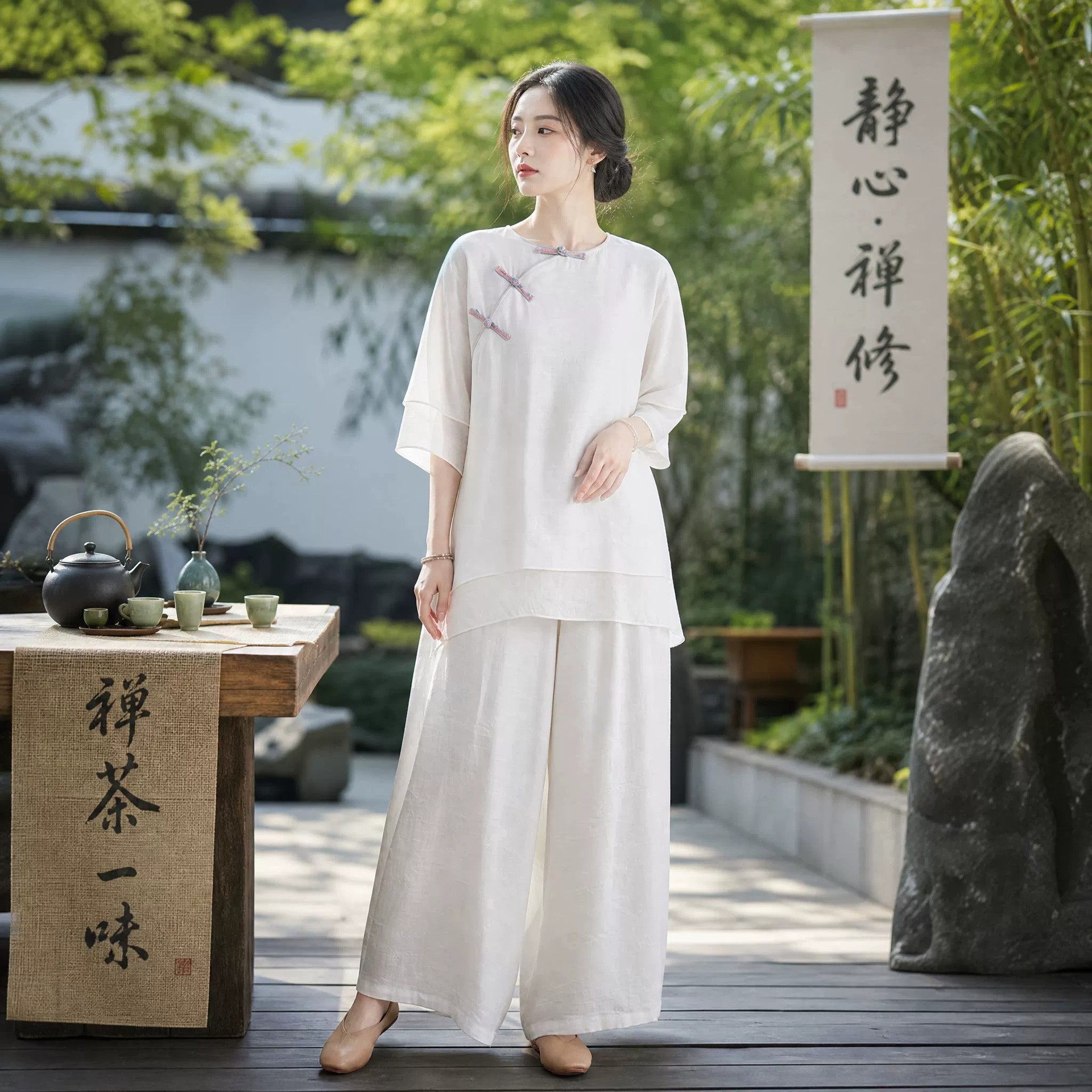中国风茶服女禅意文艺棉麻新中式茶艺师套装改良打坐冥想疗愈服饰