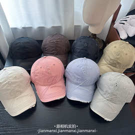 新款做旧水洗棉破洞棒球帽男女字母弯帽檐大头围鸭舌帽百搭显脸小