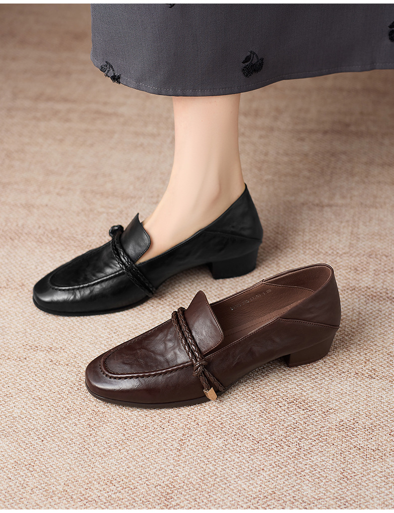 Giày lười nữ mũi vuông gót thấp kiểu Pháp phong cách cổ điển đi làm không mỏi chân — màu nâu chi tiết 2