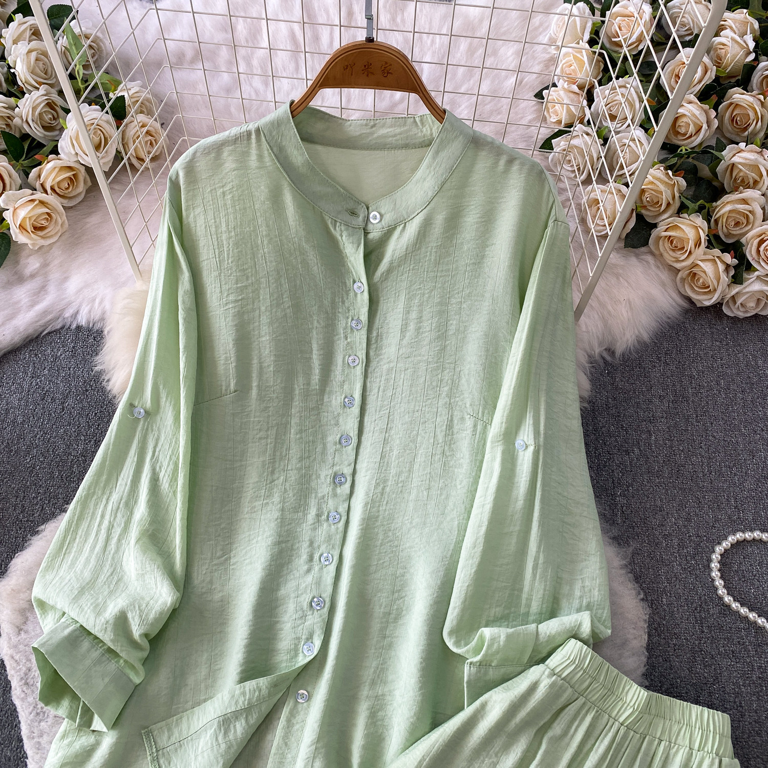 Mambo Mint Green Women's Clothing Set Refreshing Skin Friendly Breathable Loose Fitting Long Sleeved Shirt Jacket with High Waisted Wide Leg Pants_ecoleips.com