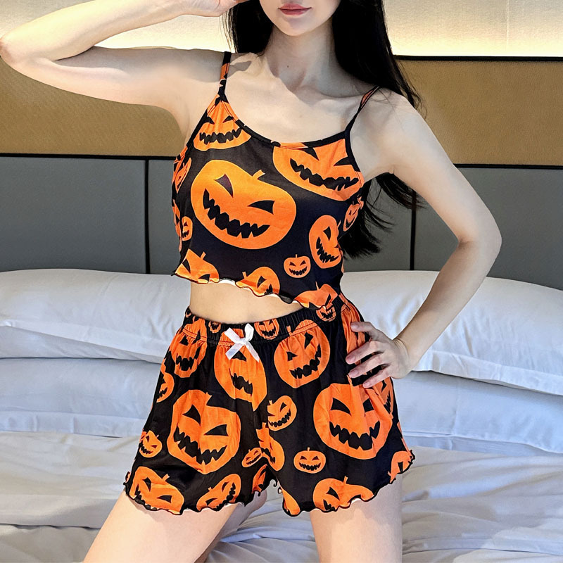 Cross-border temu Amazon European and American-style Halloween Pajamas Pumpkin Printing suit Sexy Sling Sling Home Clothes Foreign Trade