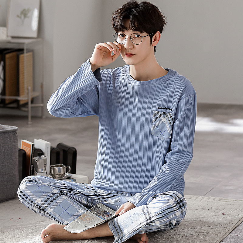 Pijamas de los hombres primavera y otoño fresco algodón manga larga delgada 2023 nuevo estilo coreano más tamaño simple juventud desgaste traje