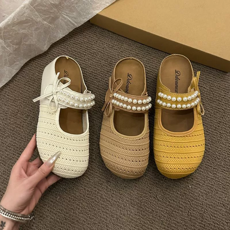2025 новых летних женских полусапожек на толстой подошве с плетеным носком, универсальные, с сетчатой вставкой, бантом и жемчугом