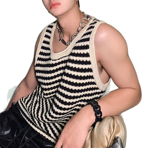 Men's Summer American Retro Striped Design Loose Unisex Versatile Sleeveless Cardigan T-shirt with Lattice Knit