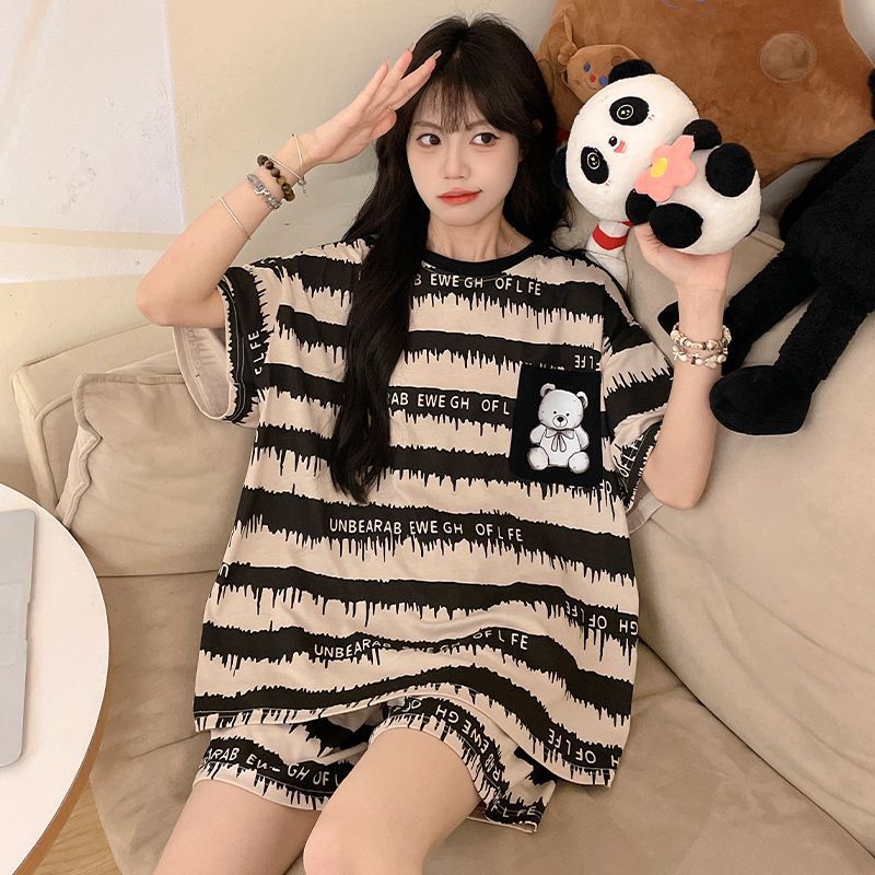女性用夏パジャマ、半袖、薄手、大きいサイズ、ファットMM 100kg、ゆったりとした女の子のホーム服セット、夏スタイル、屋外で着用可能|undefined