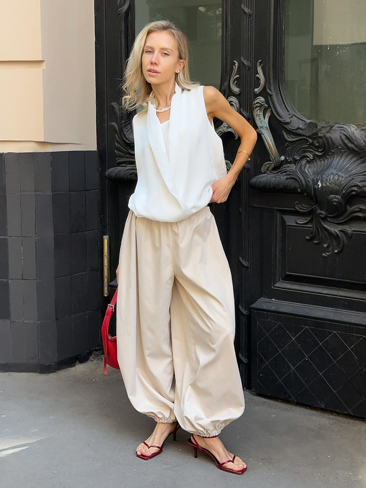 Quần harem ống rộng cotton dáng lửng lưng vừa phong cách đường phố — Màu hồng, Màu kaki, Màu mơ, Màu xanh da trời chi tiết 61