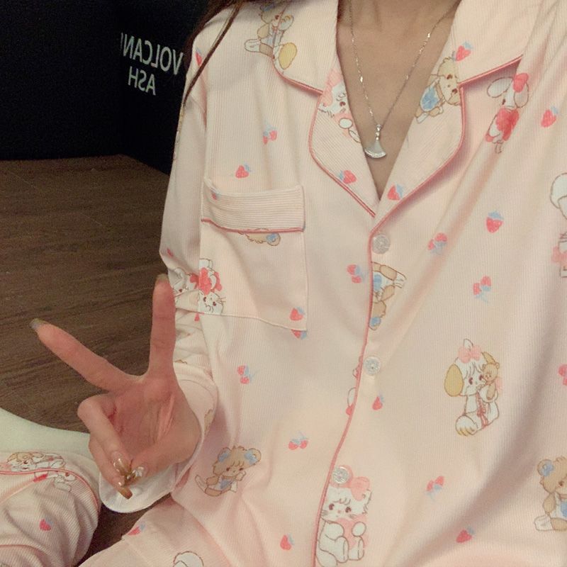 Al por mayor transfronterizo otoño nuevo hilo de hielo pijama camiseta de manga larga con la solapa cardigan ropa de dibujos animados para el hogar encantadora cereza