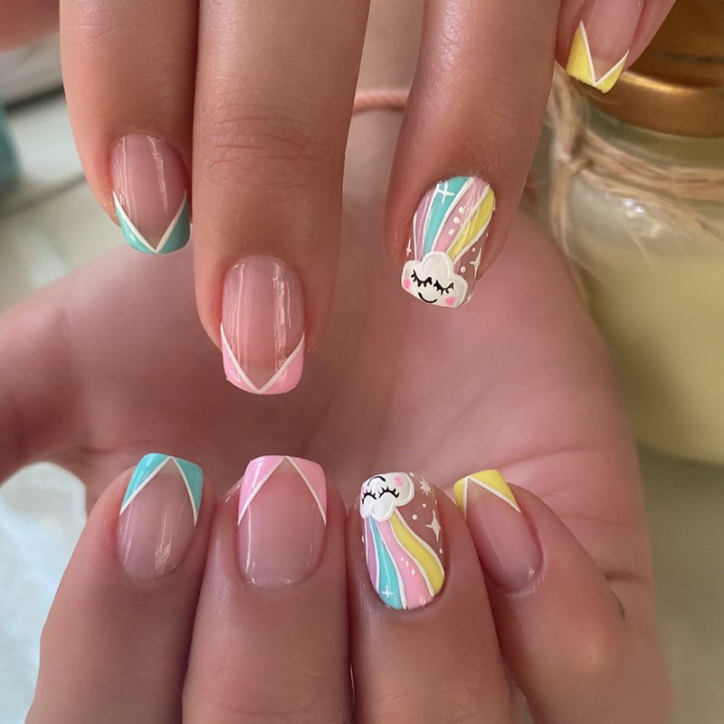 Easter rainbow rabbit simple short European Square nail beauty piece wearable removable fake nails wholesale