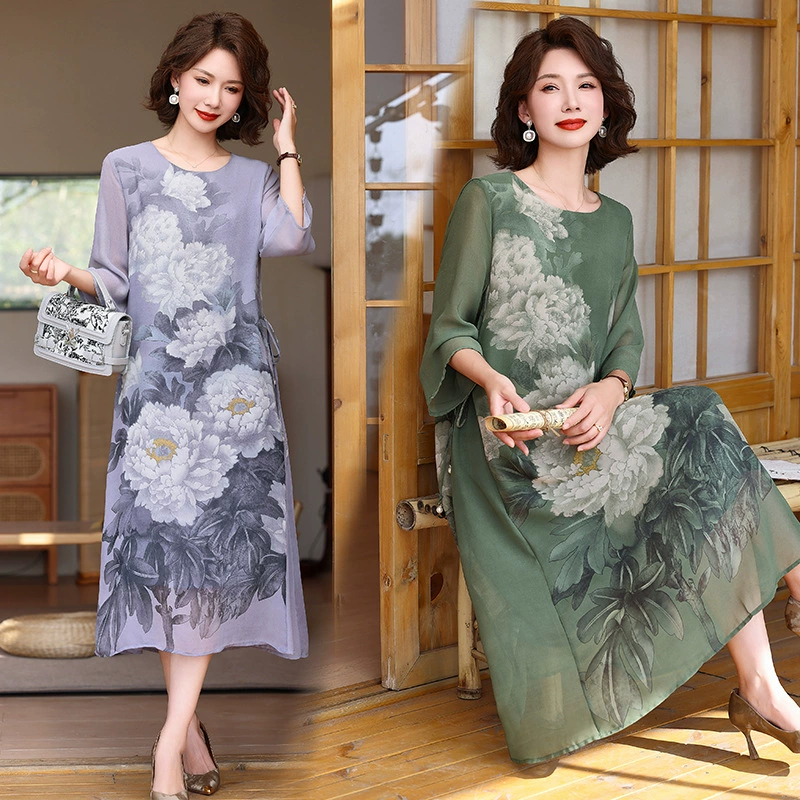 Мама летнее платье 2024 новая женщина среднего возраста шифон большой размер, чтобы покрыть живот 40 лет 50 лет среднего и пожилого платья