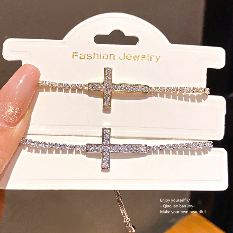 14K Real Gold Electroplated Cross Bracelet with Zircon, Light Luxury, Sparkling, High-End Feel, Women's Jewelry, Adjustable