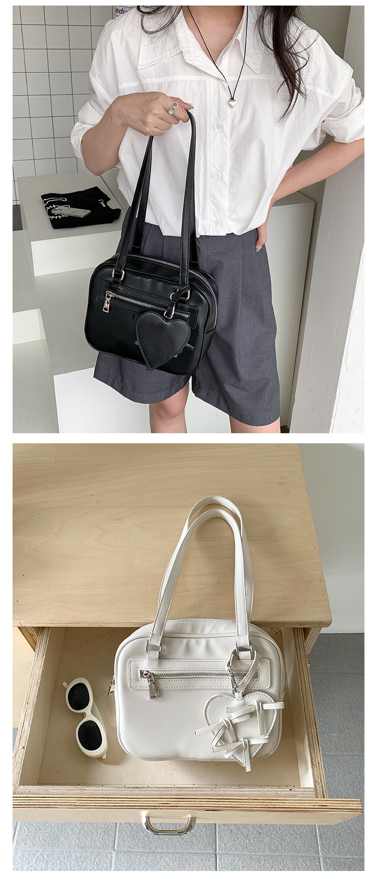 Typed shoulder for girls with a high-end feel, Korean version new small square bag, simple bow, heart-shaped decoration,_voghion.com