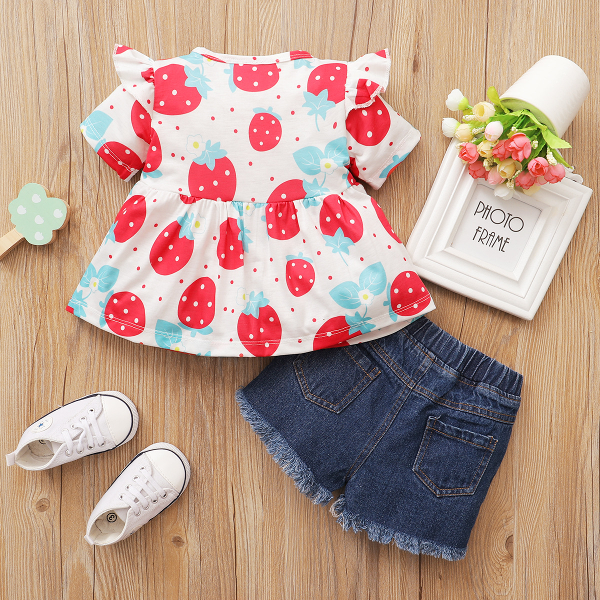 Children's Strawberry Print Short Sleeve Top and Short Jeans Set