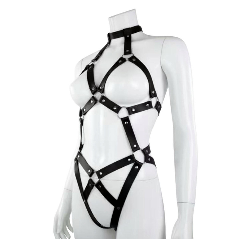 Sexy Lingerie Leather Uniform Rope Clothing Pu Open File-Free Cut Out Bra Sexy One-Piece Bed Flirting Suit
