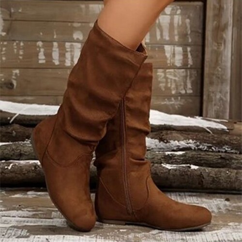 Leather Platform Western Boots with Side Zip, Round Toe, Fringe Detail, Vintage Style, Women's Winter New Arrival, Heel Boots for Plus Size